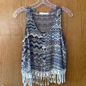 Lush Sheer Patterned Button-Up Tank With Fringe